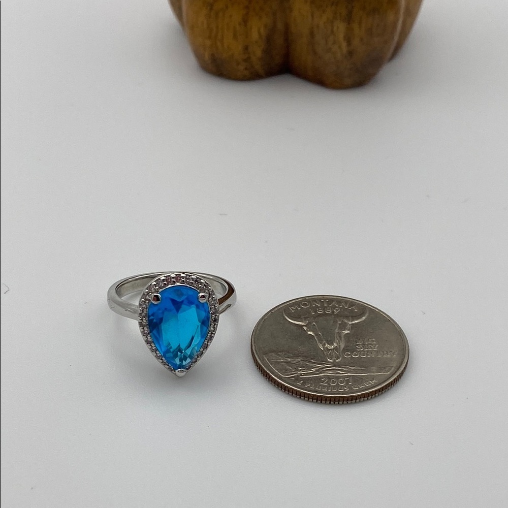 Teardrop Blue Gemstone Cocktail Ring with Crystal Halo • Silver Tone - Picture 9 of 12